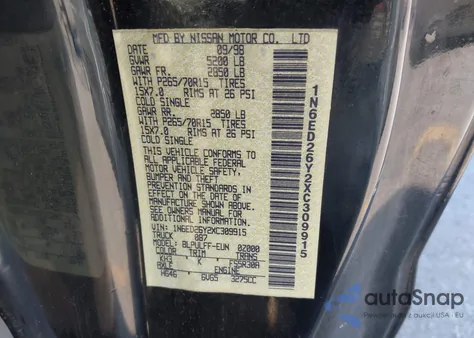 1999 Nissan Frontier Se-V6/Xe-V6 z USA, uszkodzony, nr VIN 1N6ED26Y2XC309915